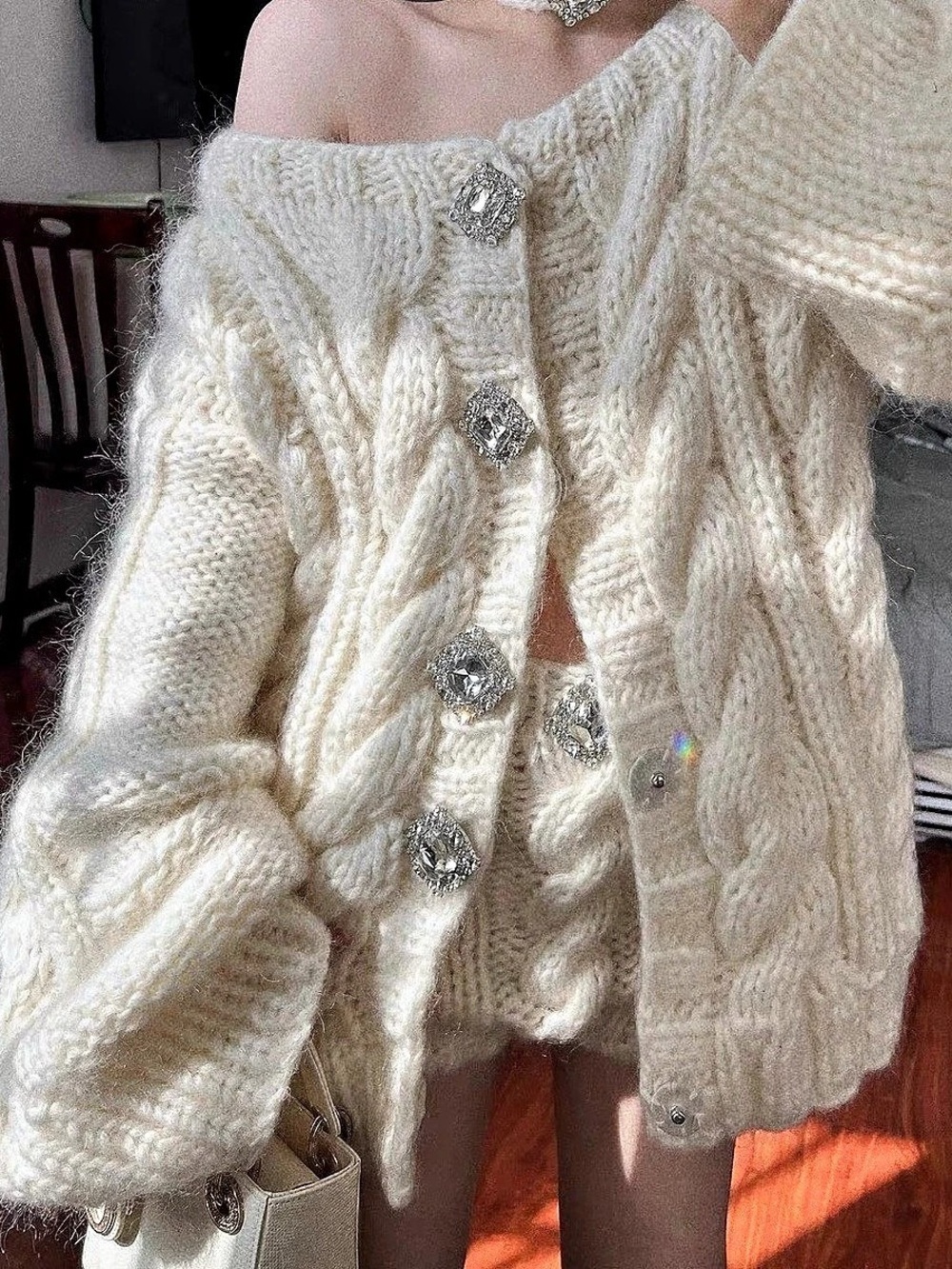 Cable Knit Cardigan in Cream Size S